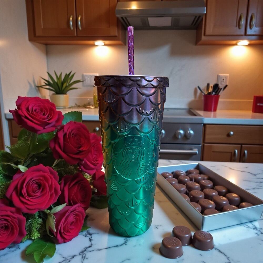 Starbucks Iridescent Mermaid Scales Tumbler Green Purple 24 oz NWT Straw